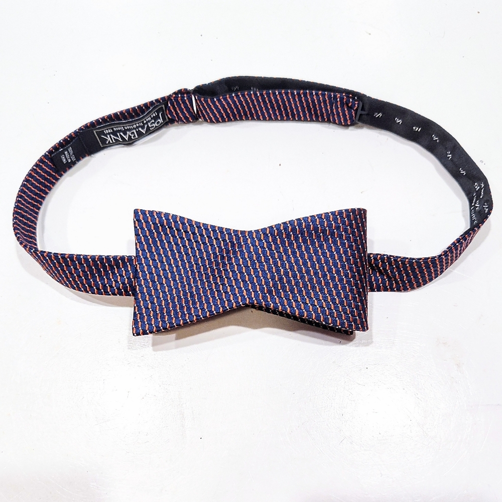 Jos A Bank 100% Silk Classic Self Bow Tie Navy Blue Orange Pattern Adjustable